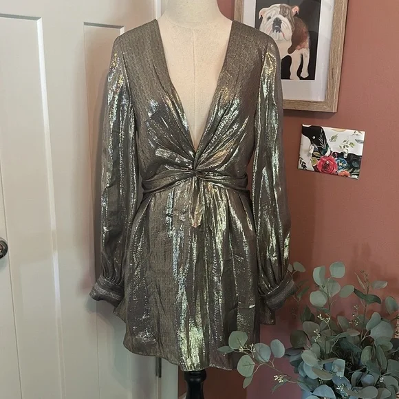Ramy Brook Elise mini deep V plunge mini silk metallic draped lined 6 dress - Picture 15 of 15
